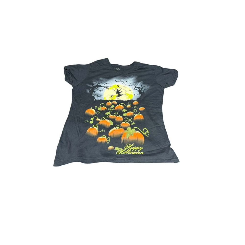 Women's Gildan Black Orange Happy Halloween Short Sleeve Tee L #882